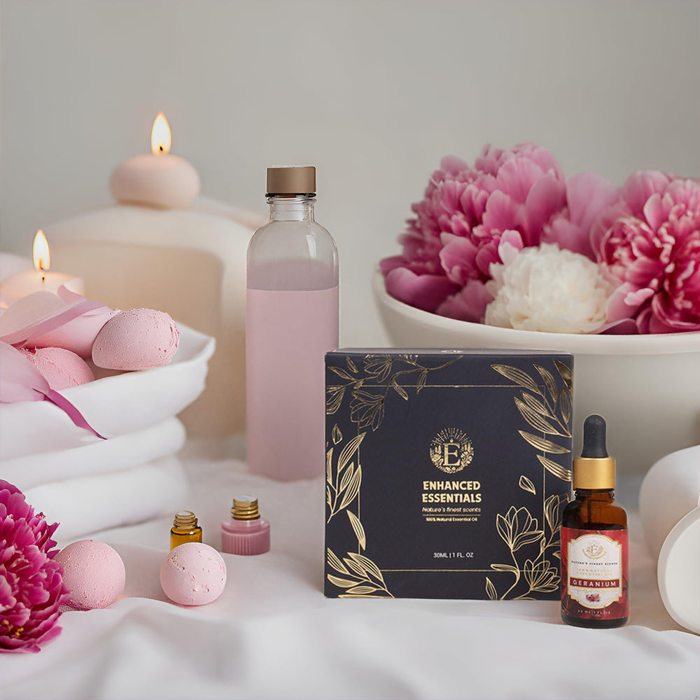 Enhanced Essentials geranium bath soak for a soothing spa moment