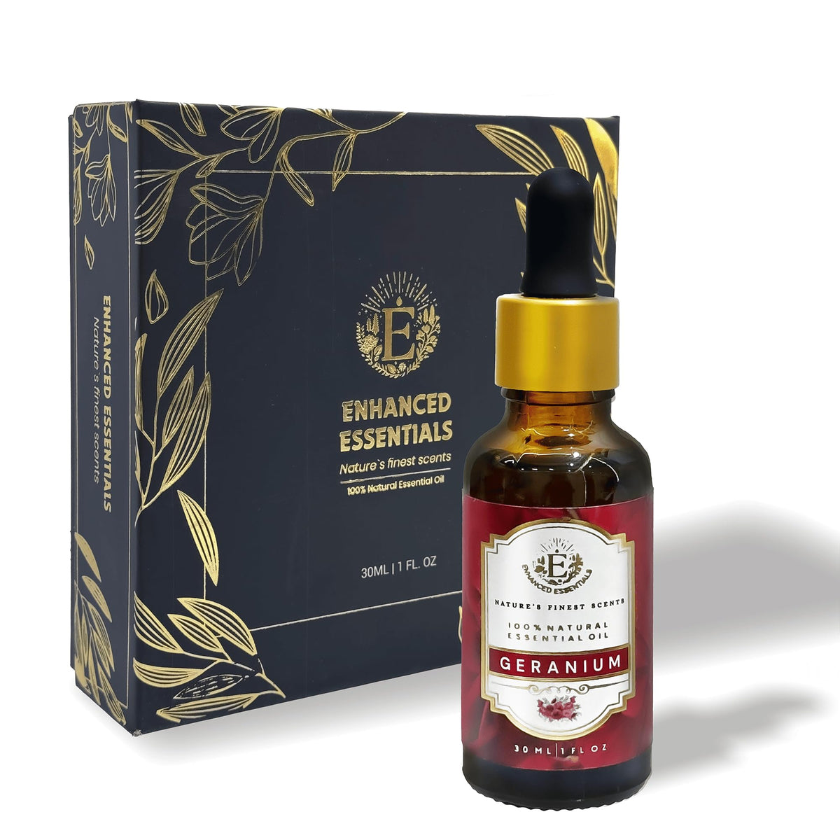 Enhanced Essentials geranium oil bottle showcases pure aroma ideal for diffusion and rituals