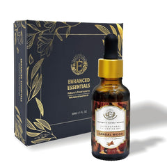 Enhanced Essentials Indian Sandalwood Oil bottle in amber glass signaling purity and premium aroma