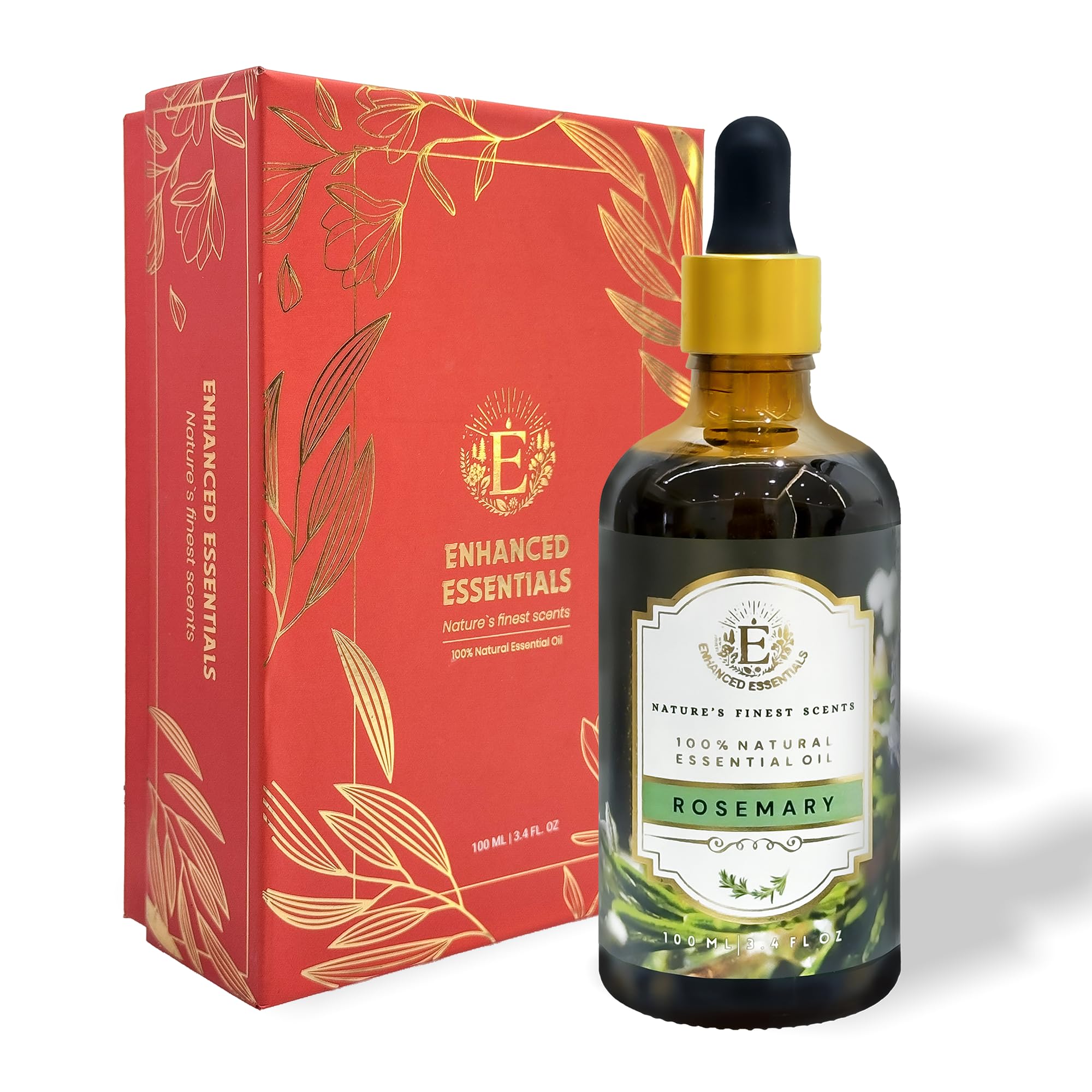 Enhanced Essentials Rosemary Essential Oil bottle, premium quality for aromatherapy and mood clarity.