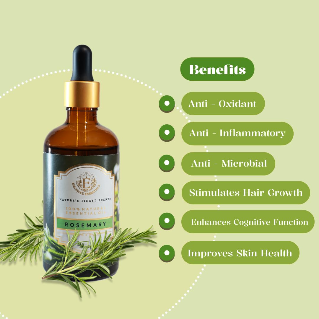 Enhanced Essentials Rosemary Essential Oil with glass dropper enables precise application during diffusing.