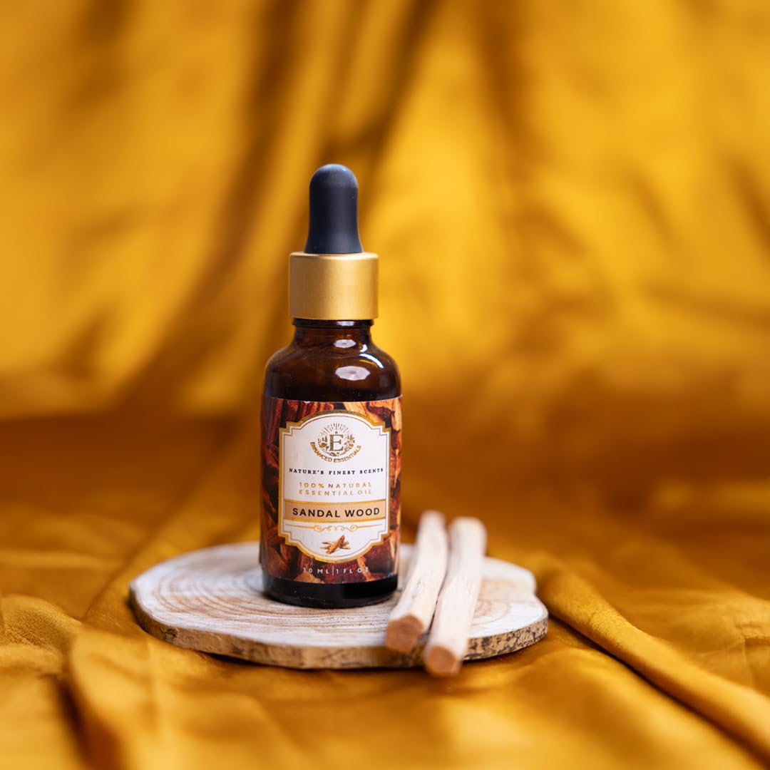 Enhanced Essentials sandalwood diffuser scene emphasizing warm, calming ambience