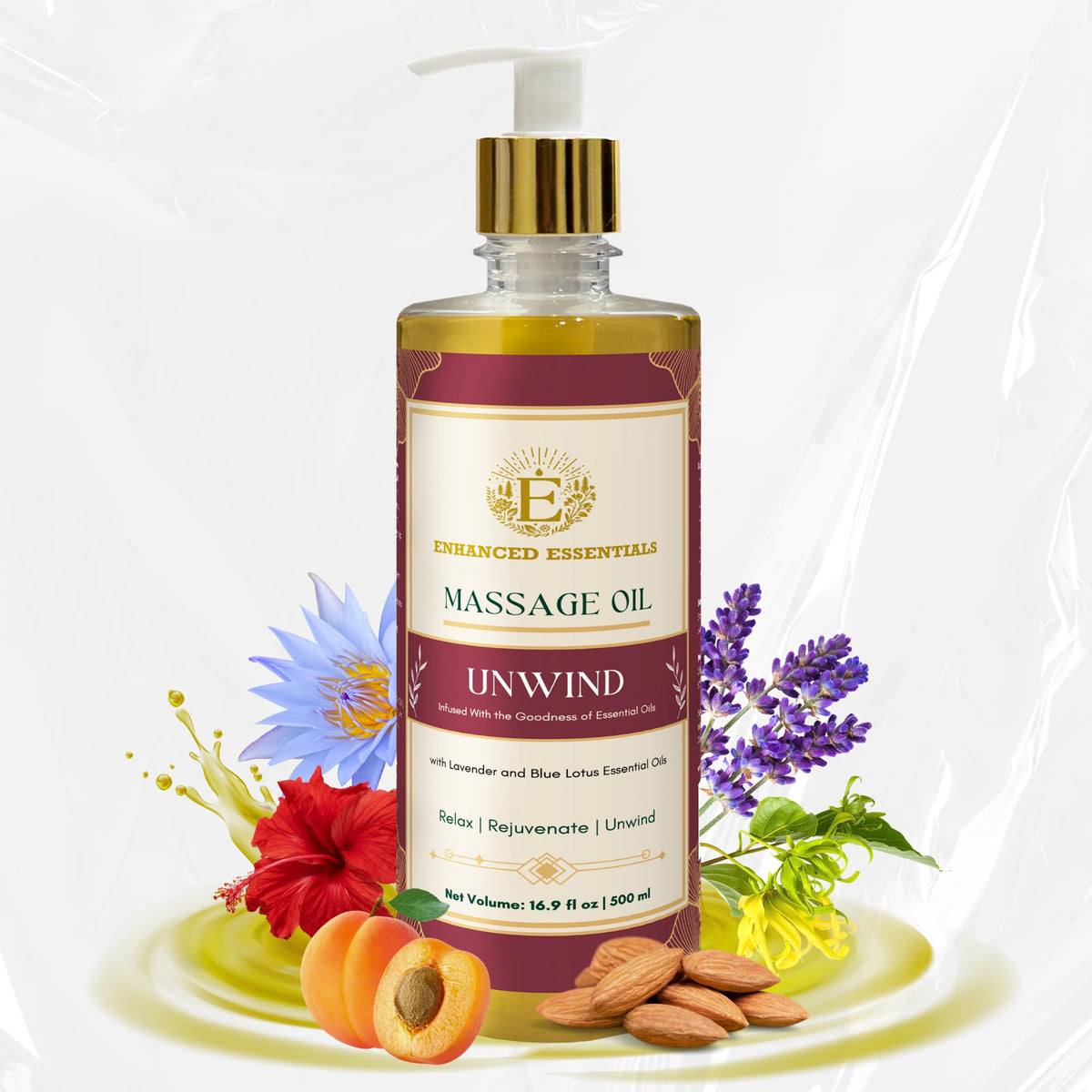 Enhanced Essentials Unwind bottle pour shows silky oil with fast absorption and no greasy feel.