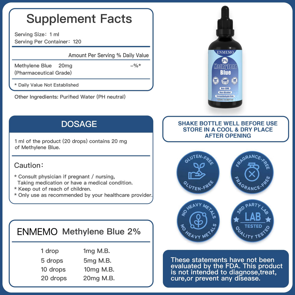 ENMEMO Methylene Blue Drops 2% with dropper for precise lab dispensing.