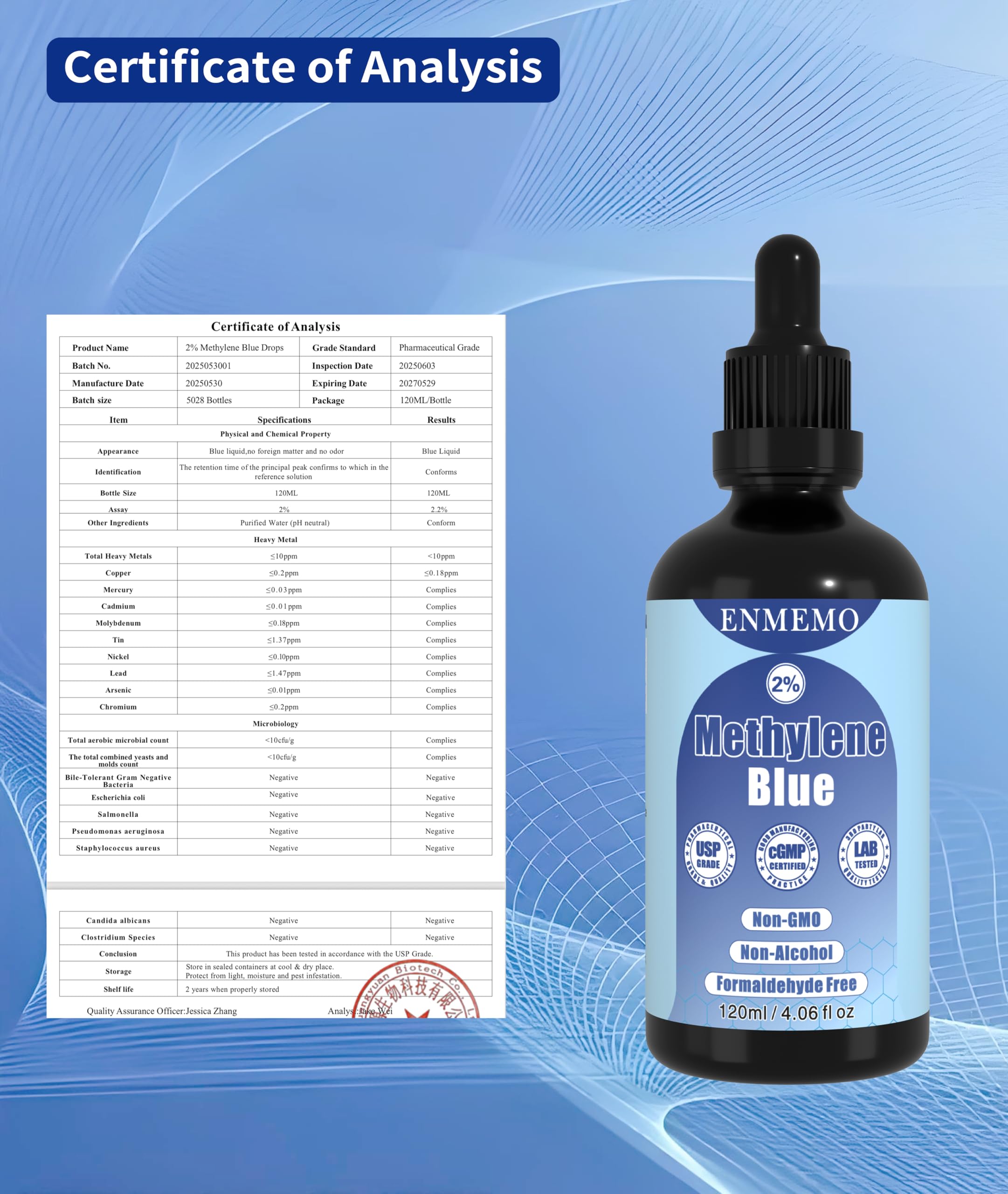 ENMEMO Methylene Blue Drops third-party testing badge indicating independent quality checks.