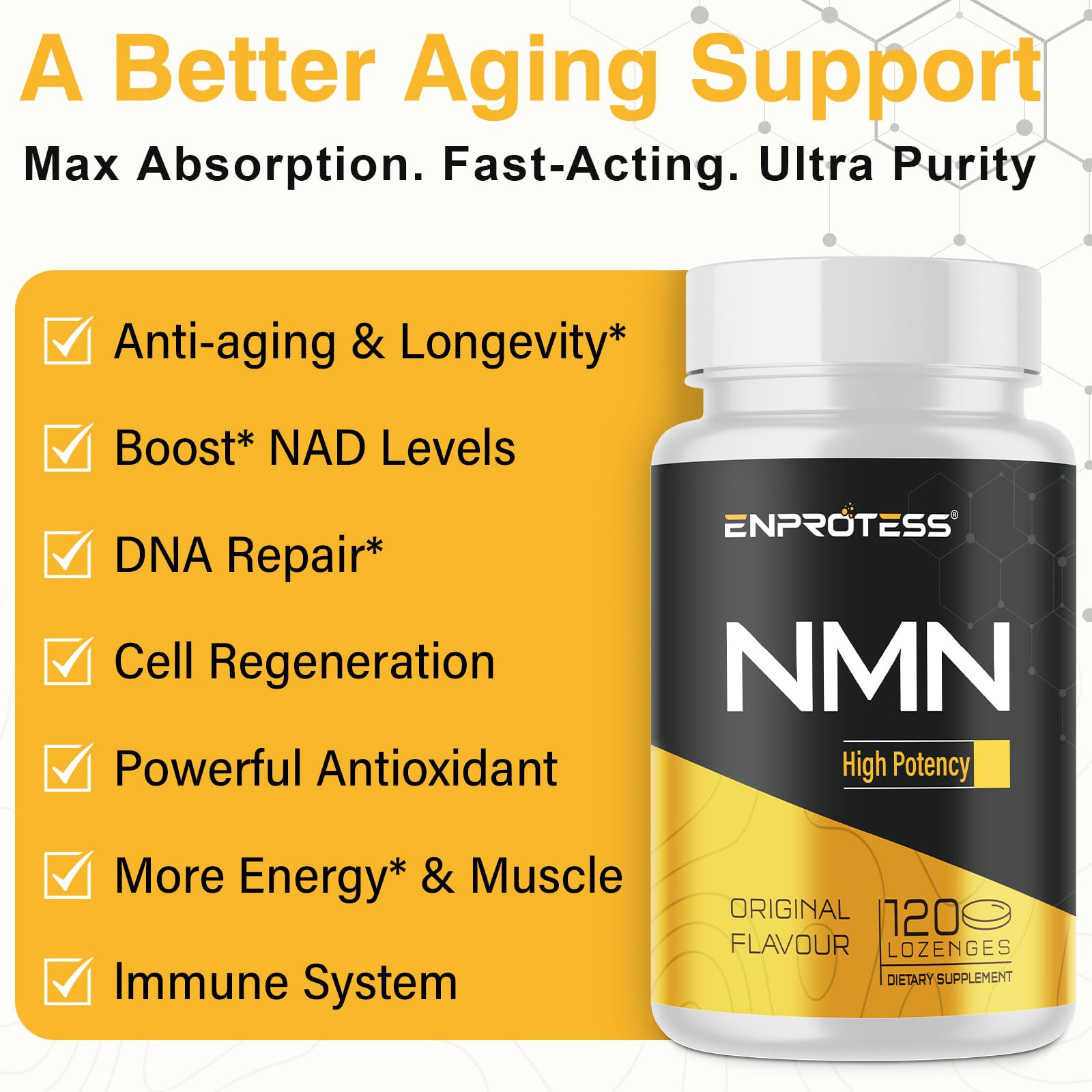 Enprotess Sublingual NMN label close-up highlighting high purity.