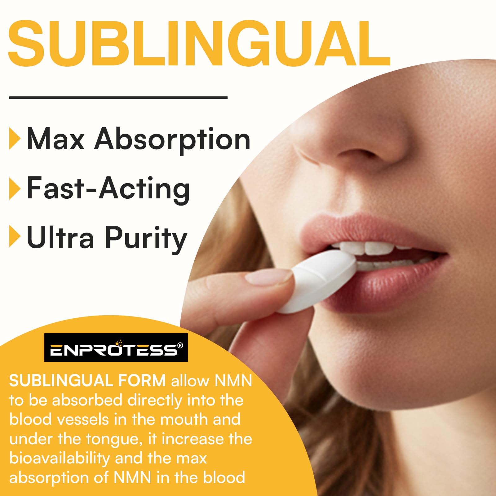 Enprotess NMN lozenge being chewed to support quick absorption.