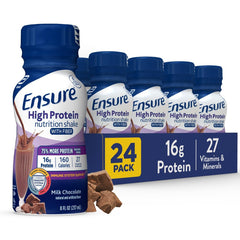 Ensure High Protein Milk Chocolate bottle closeup highlighting 16g protein for muscle support