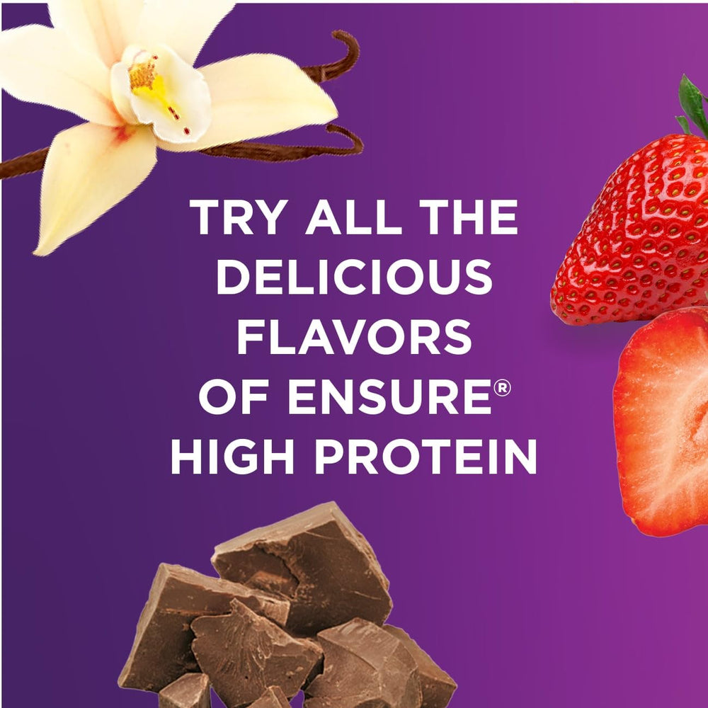Nutrition panel of Ensure High Protein Vanilla Shake emphasizes minerals and vitamins.