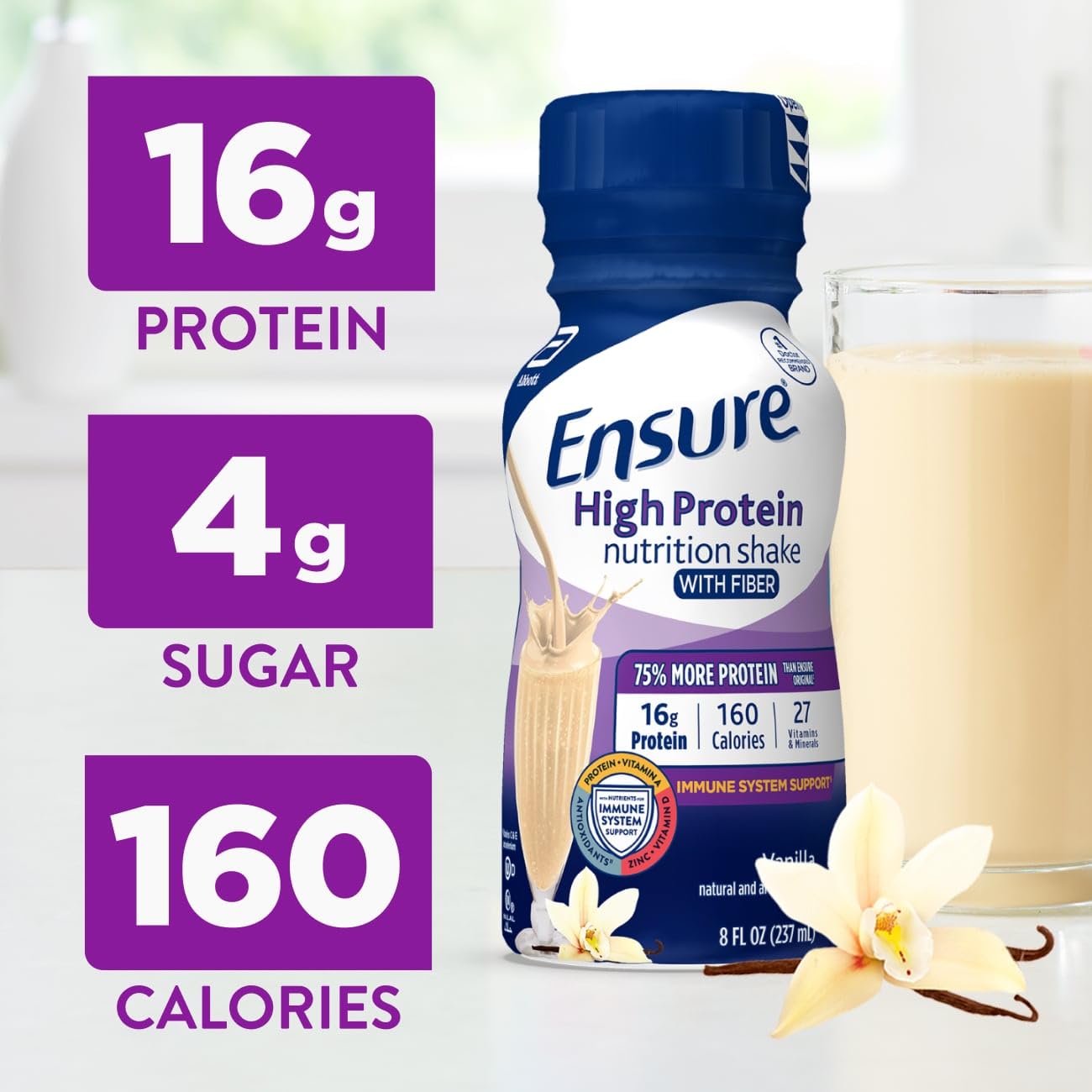 Pouring Ensure High Protein Vanilla Shake shows quick protein boost for active days.