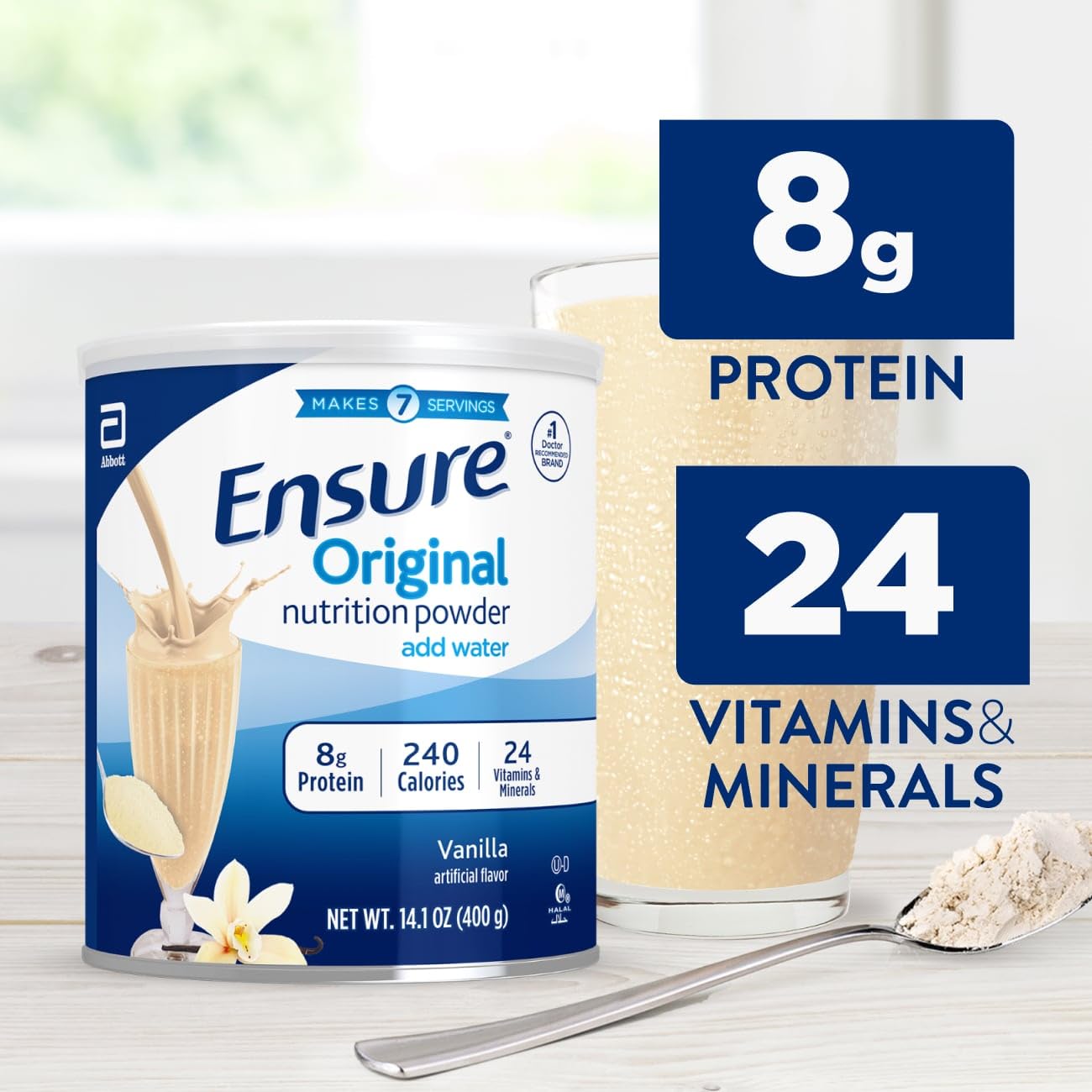 Ensure Original Vanilla label closeup highlighting 24 vitamins and minerals