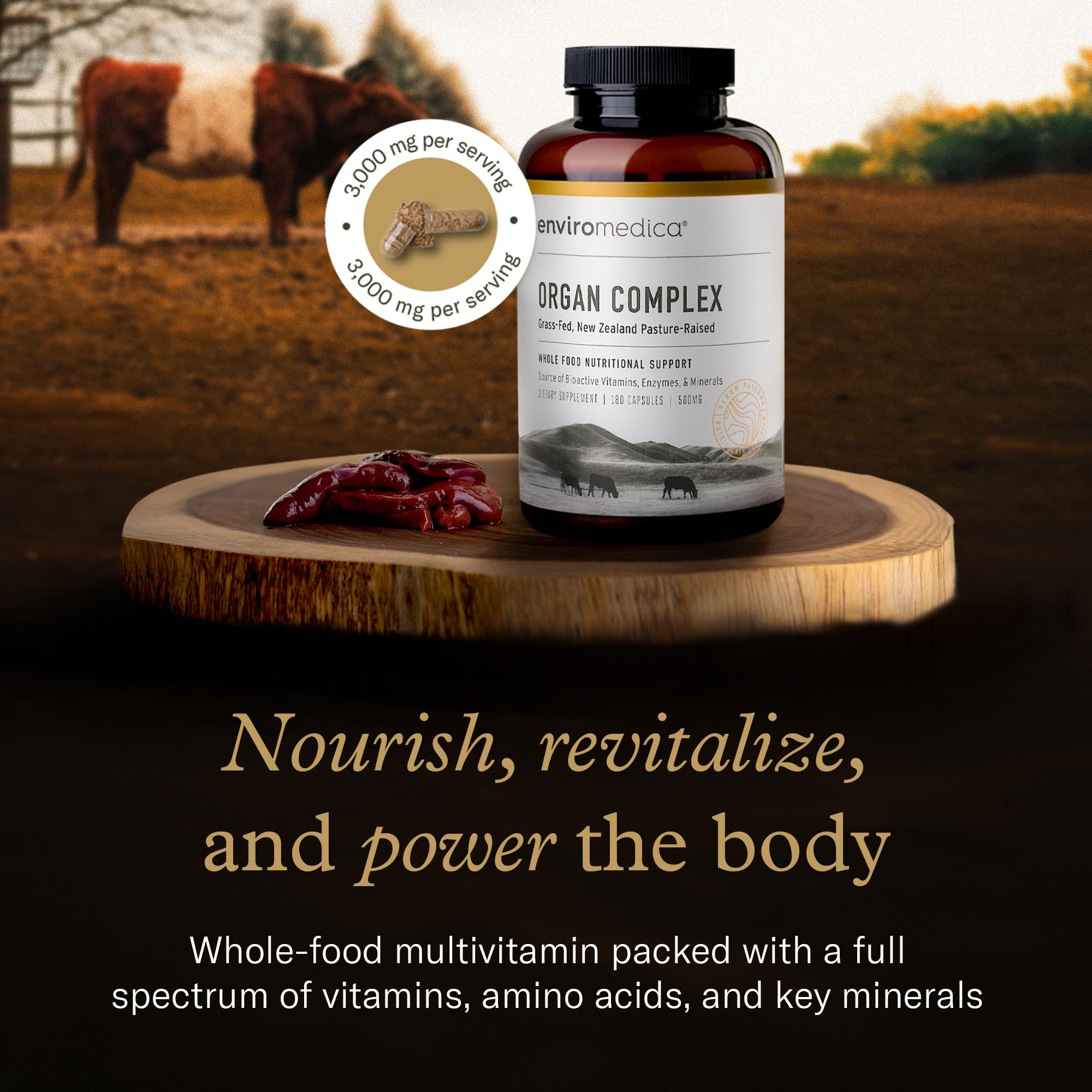 Enviromedica Grass-Fed Organ Complex bottle back details ingredients and daily use directions