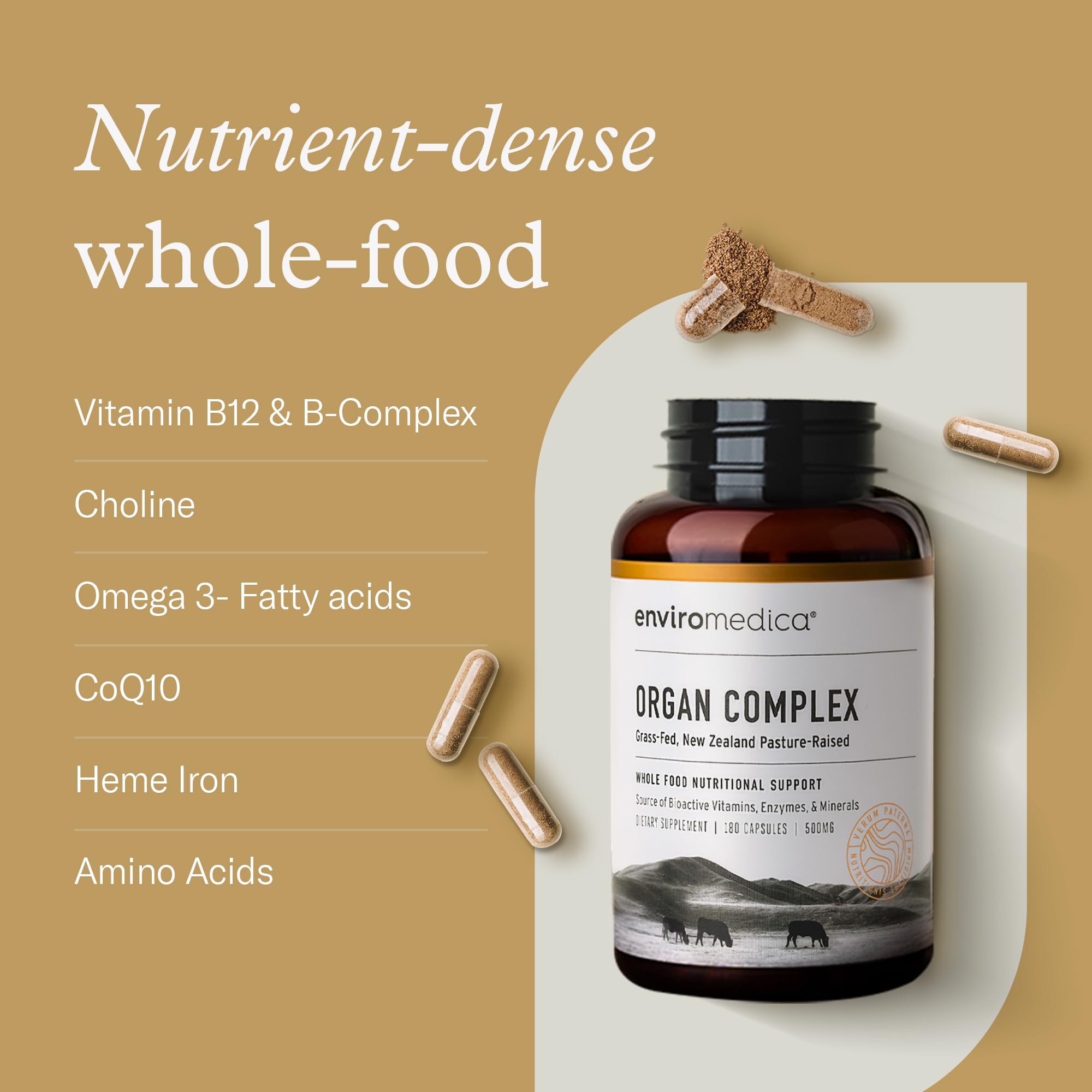 Enviromedica Grass-Fed Organ Complex capsules in hand suggest easy daily use