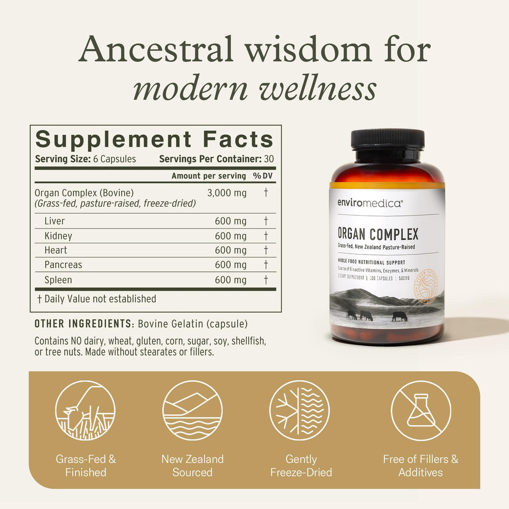 Enviromedica Grass-Fed Organ Complex open bottle with capsules for daily routine