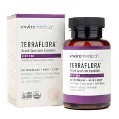 Enviromedica Terraflora Deep Zen Synbiotic bottle front for daily gut balance and mood support.