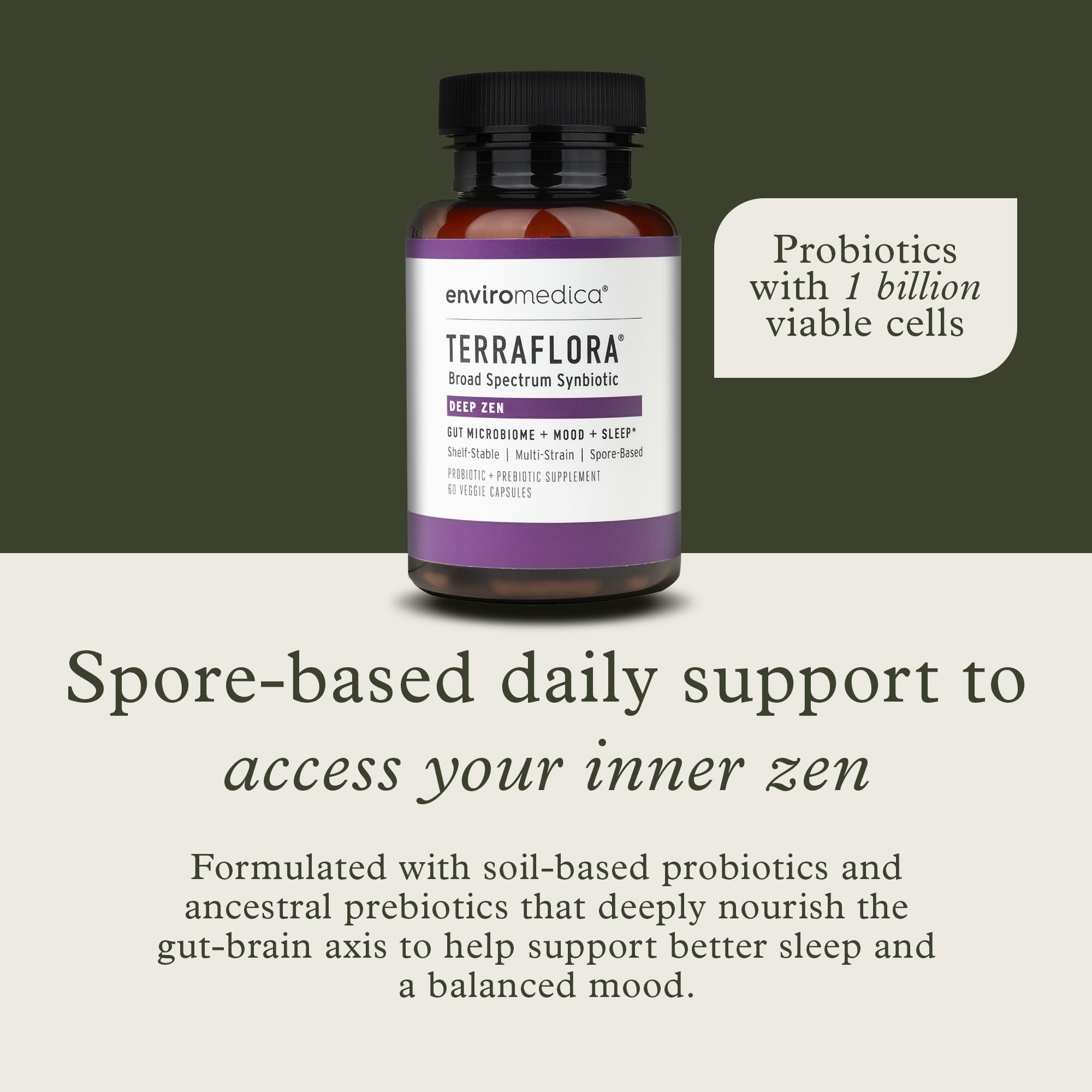 Enviromedica Terraflora Deep Zen Synbiotic capsules close-up highlighting spore-based delivery for resilience.