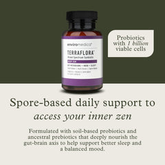 Enviromedica Terraflora Deep Zen Synbiotic capsules close-up highlighting spore-based delivery for resilience.