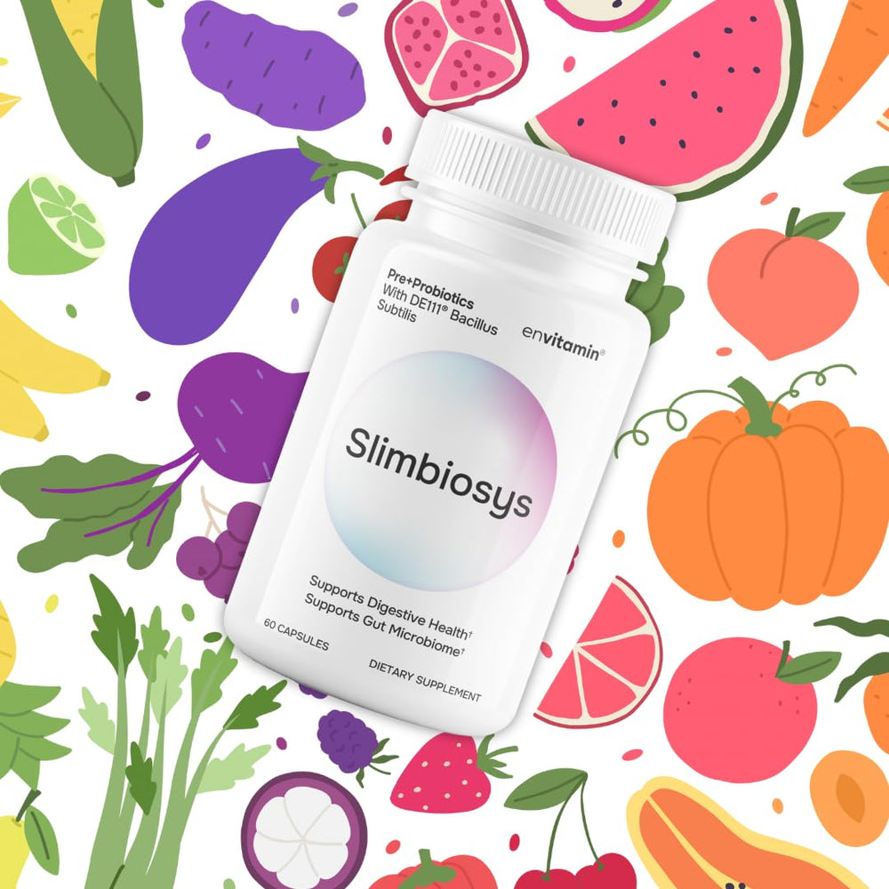 Close-up of Slimbiosys label with multi-strain formula for adults.