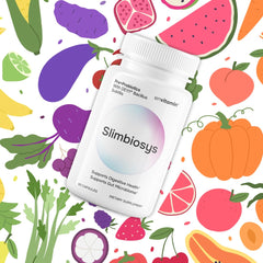 Close-up of Slimbiosys label with multi-strain formula for adults.