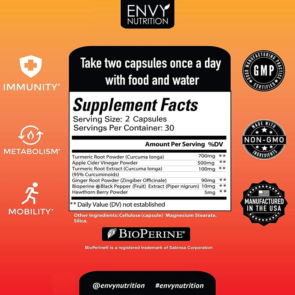 Envy Nutrition turmeric-ginger bottle on shelf, symbolizing immune and metabolism support.