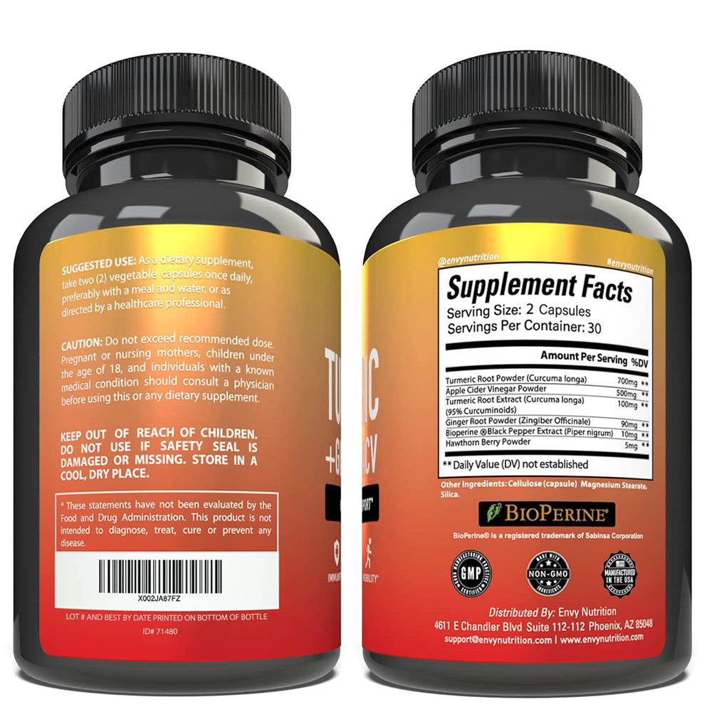 Envy Nutrition turmeric-ginger capsules close-up, highlighting Bioperine for better absorption.