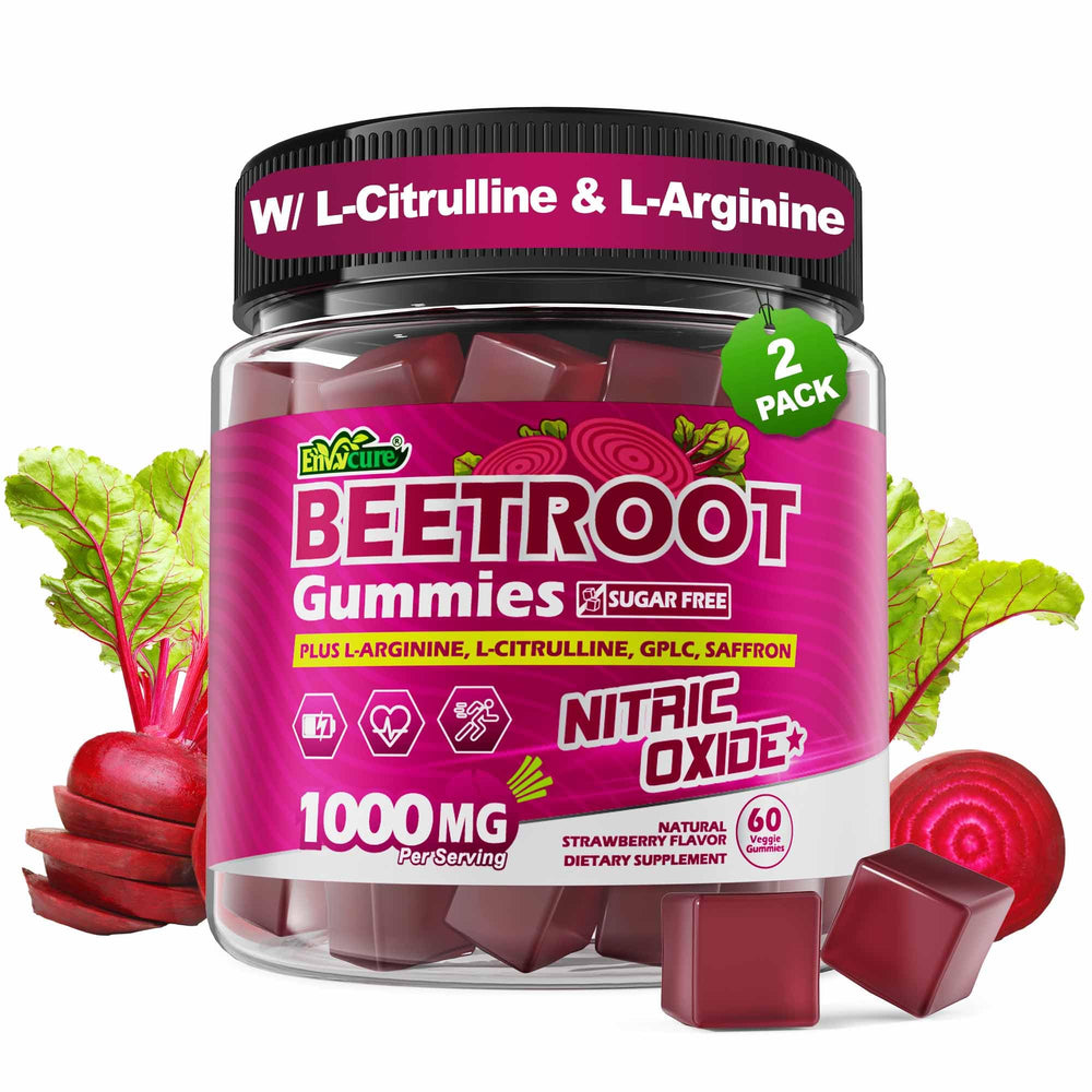 EnvyCure Beetroot Gummies bottle promoting circulation support and daily energy.