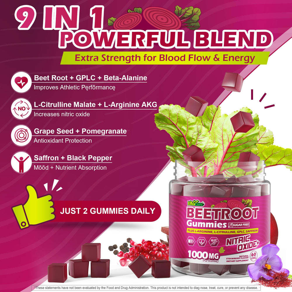 Pile of beetroot gummies emphasizing sugar-free formulation and convenience.