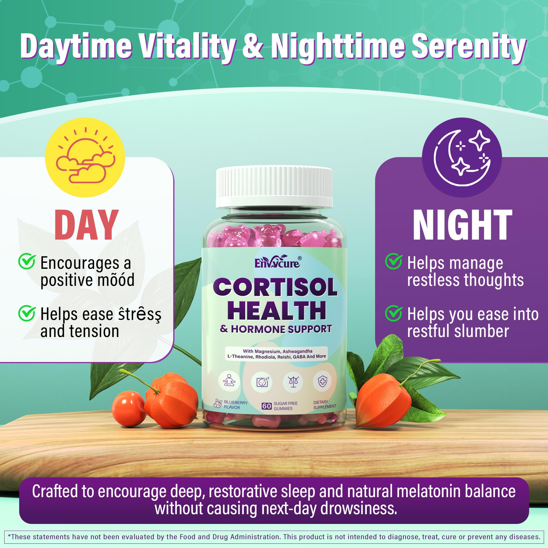 EnvyCure Cortisol Gummies ingredients closeup including magnesium and adaptogens.