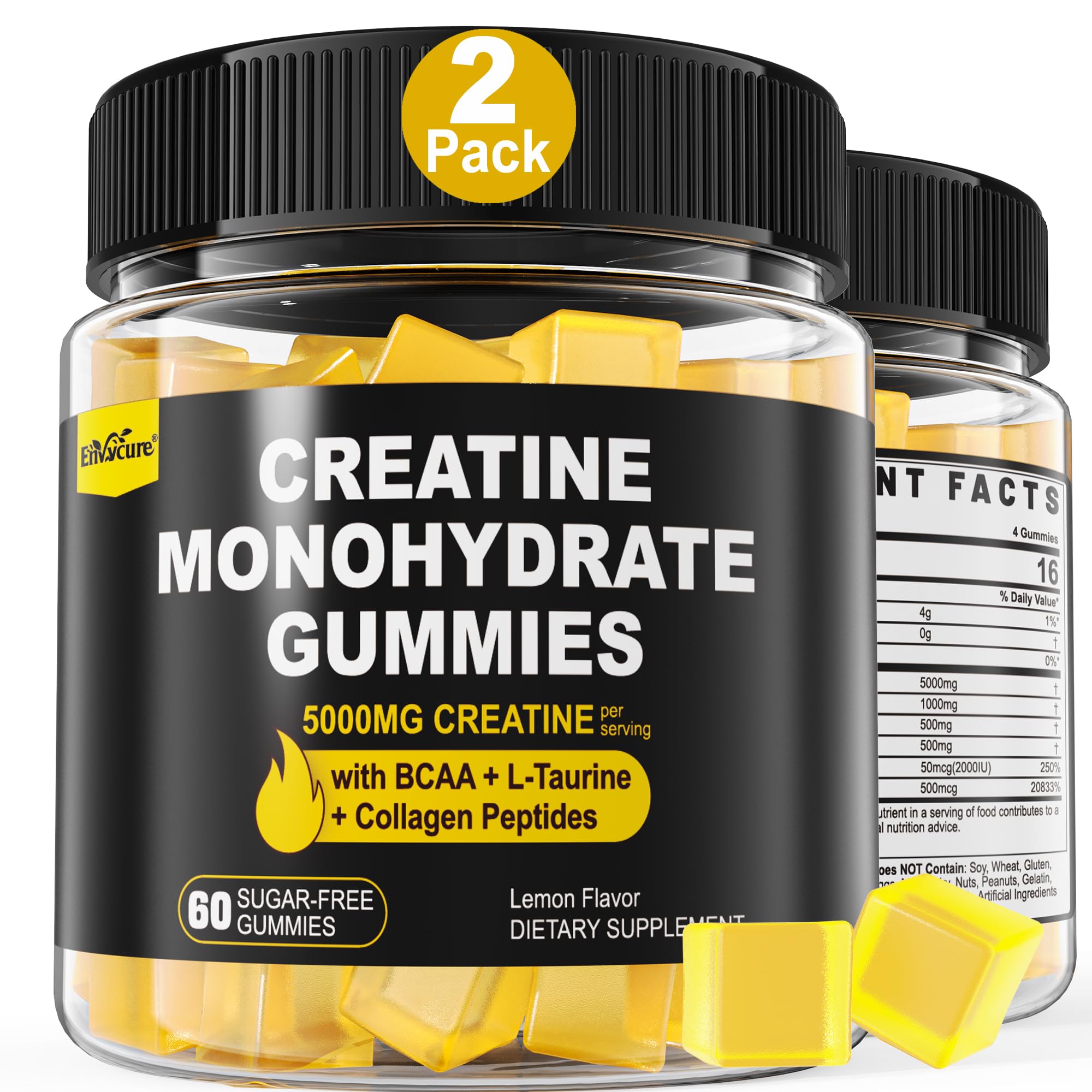 EnvyCure Creatine Gummies bottle shows lemon flavor for convenient workouts