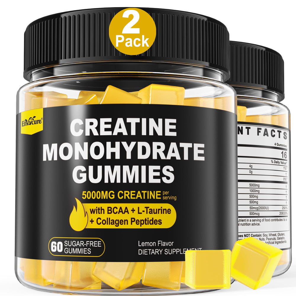 EnvyCure Creatine Gummies bottle shows lemon flavor for convenient workouts