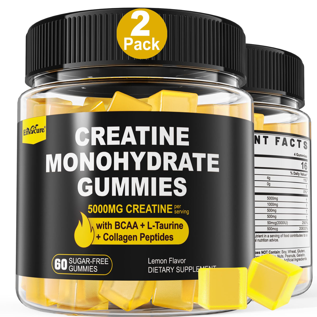 EnvyCure Creatine Gummies bottle shows lemon flavor for convenient workouts