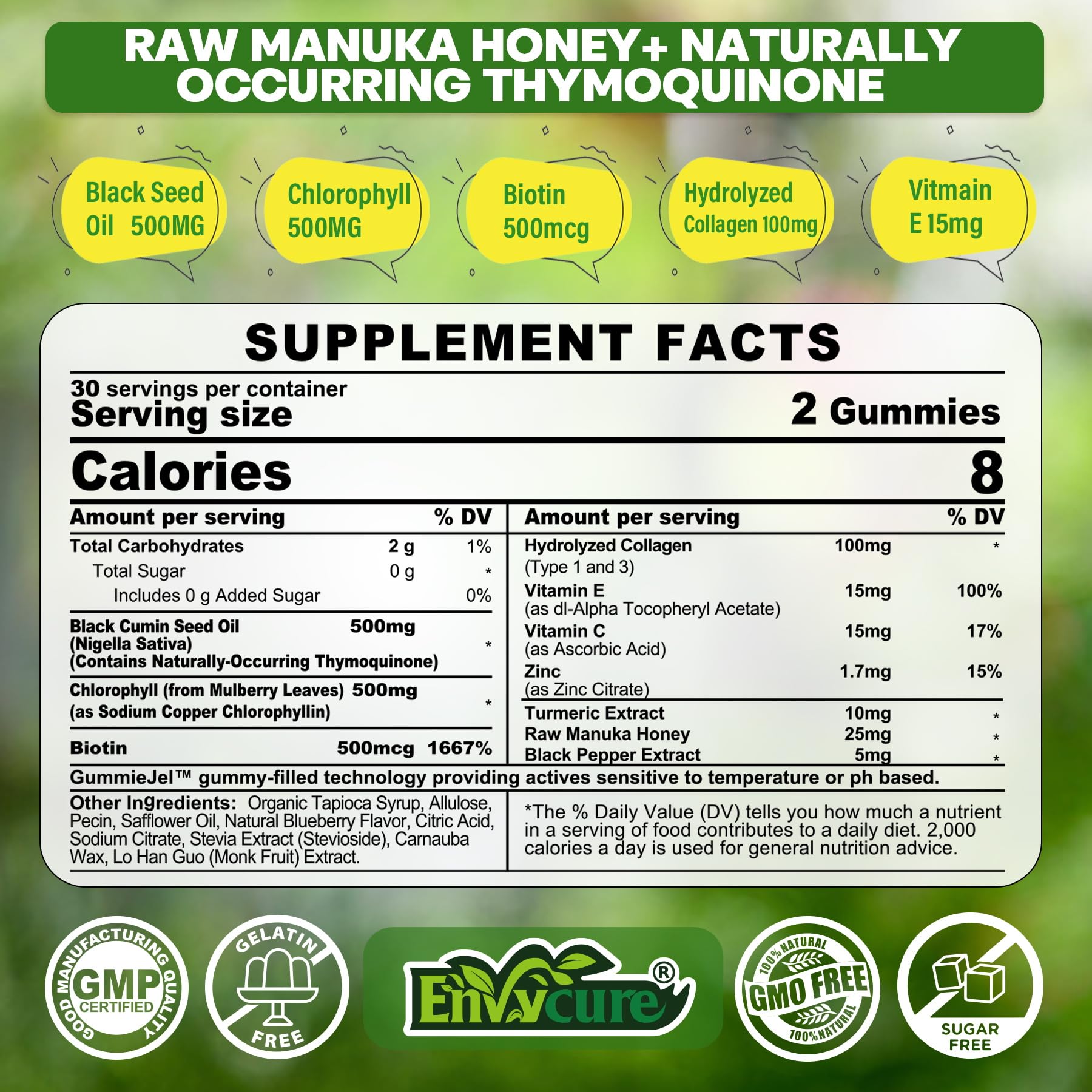 EnvyCure gummy texture closeup highlights appealing bite-sized nutrition.
