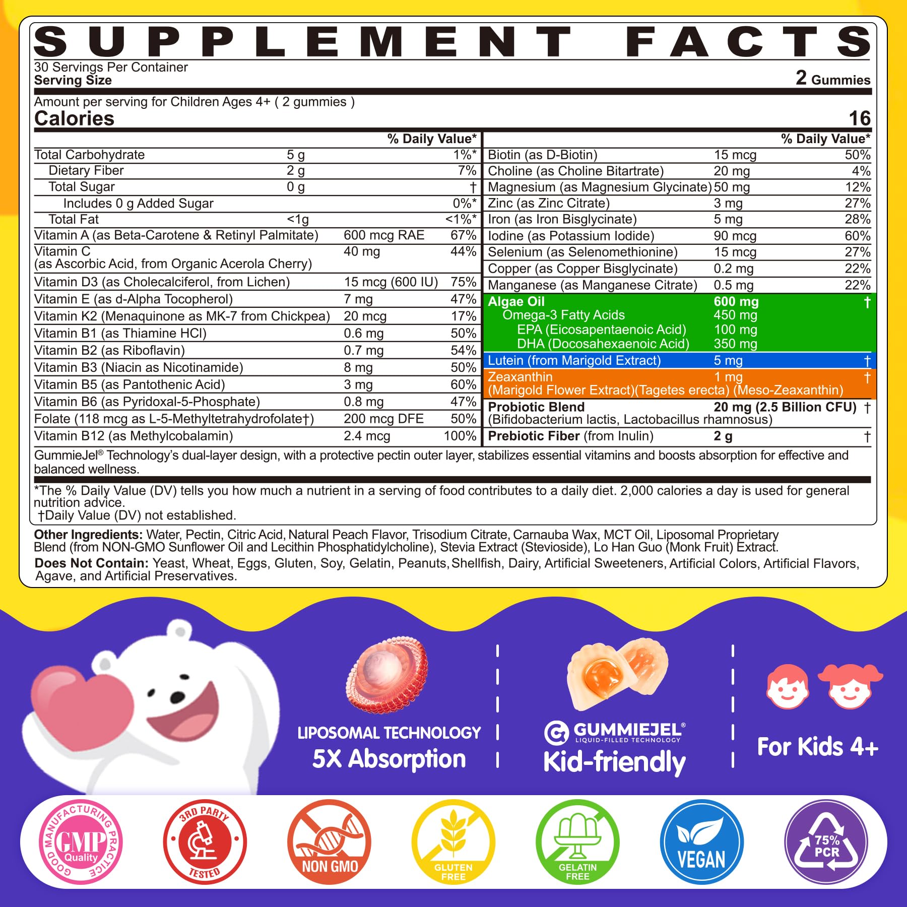 EnvyCure label highlights vitamin mix, minerals, and Omega-3 benefits for kids