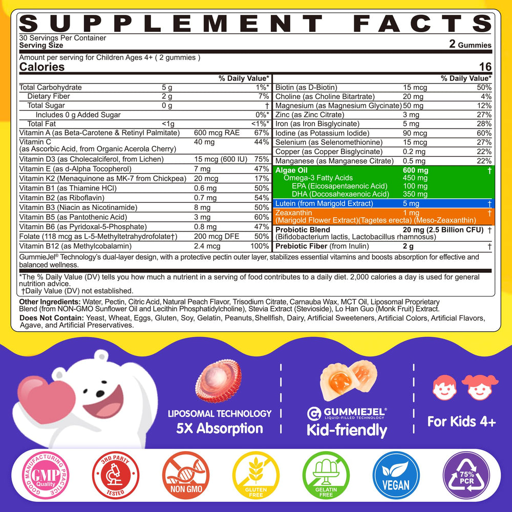 EnvyCure label highlights vitamin mix, minerals, and Omega-3 benefits for kids