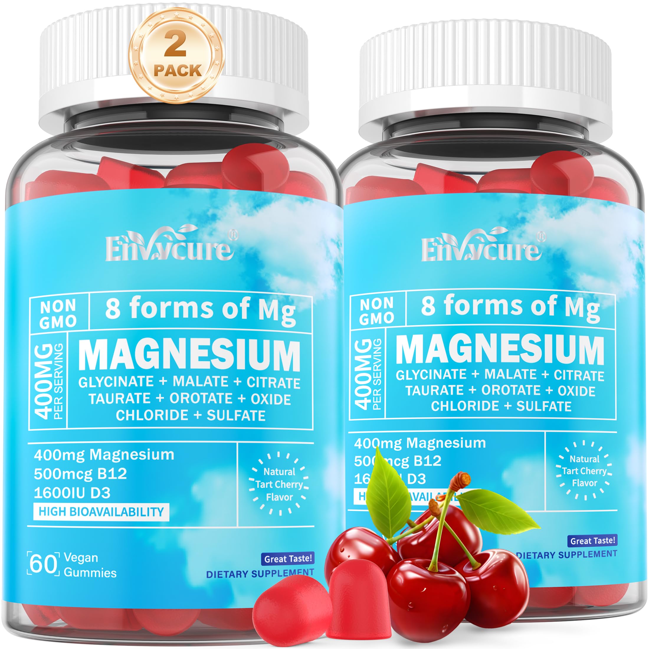 EnvyCure Magnesium Complex Gummies bottle foreground for daily calm and balanced energy.