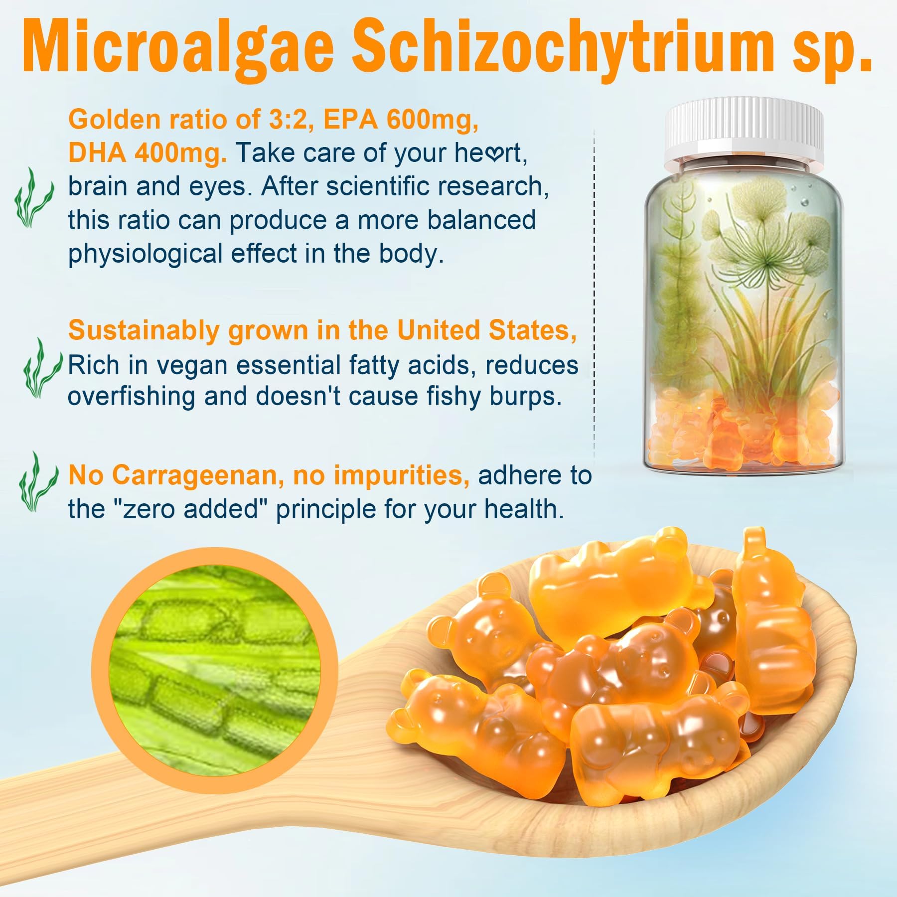 Algae EPA 600mg DHA 400mg label highlights sustainable plant-based omega-3.