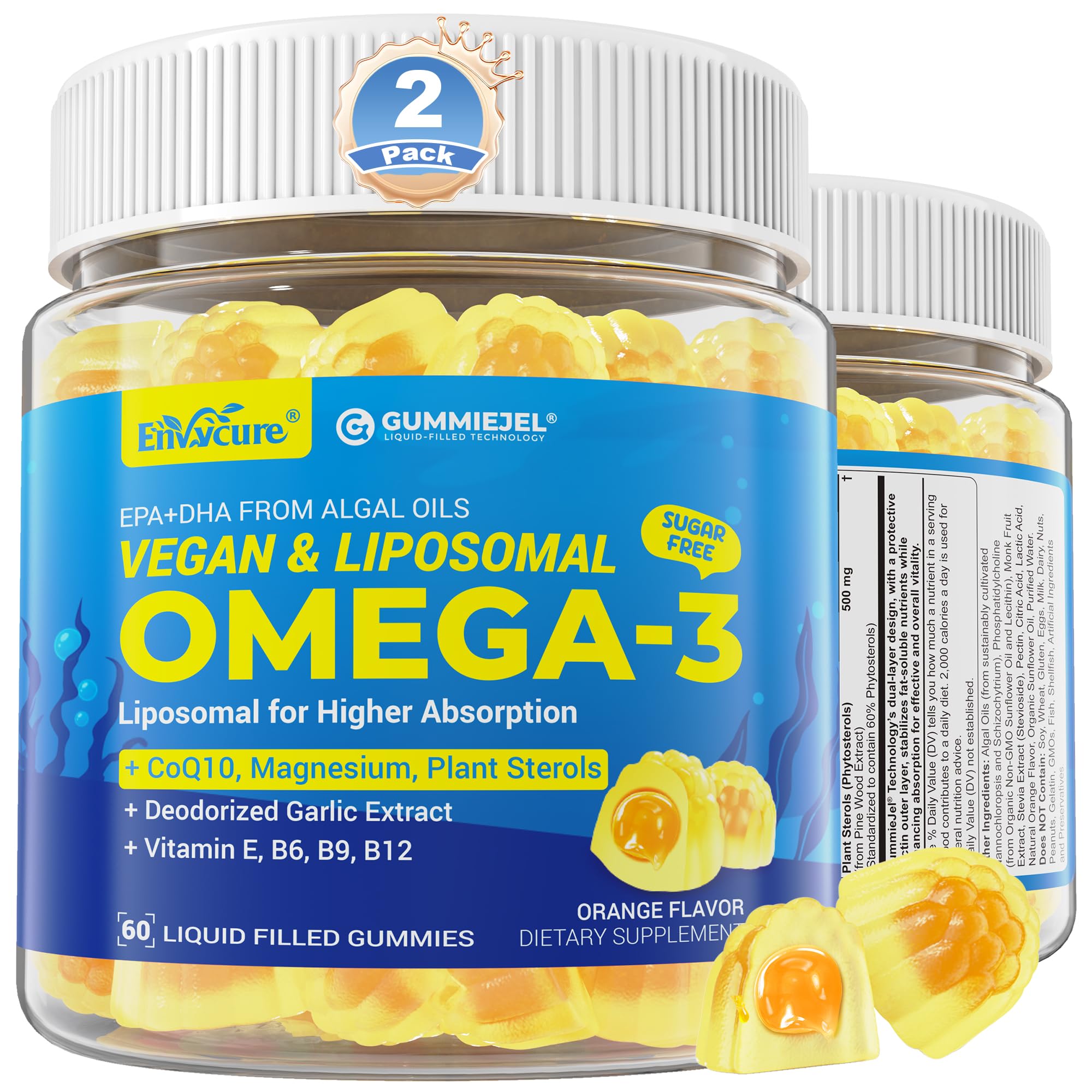 EnvyCure Vegan Omega-3 Gummies bottle front supports daily wellness with algae-based omega-3.