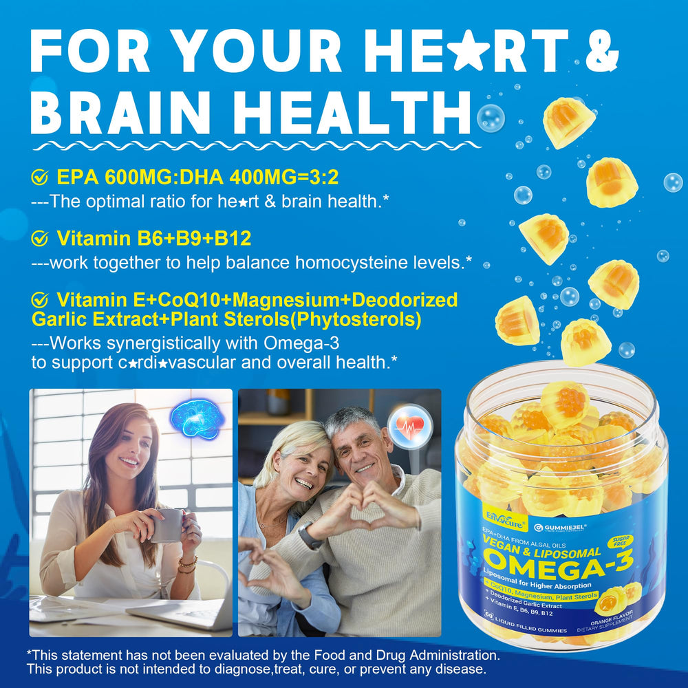 EnvyCure Omega-3 gummies ingredients vector showcases algae-based oil and plant sterols.
