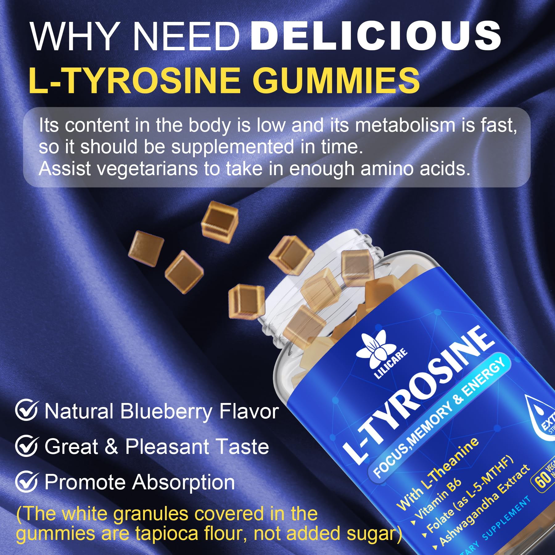 EnvyDeal L Tyrosine Gummies label closeup communicates quality and ingredient transparency