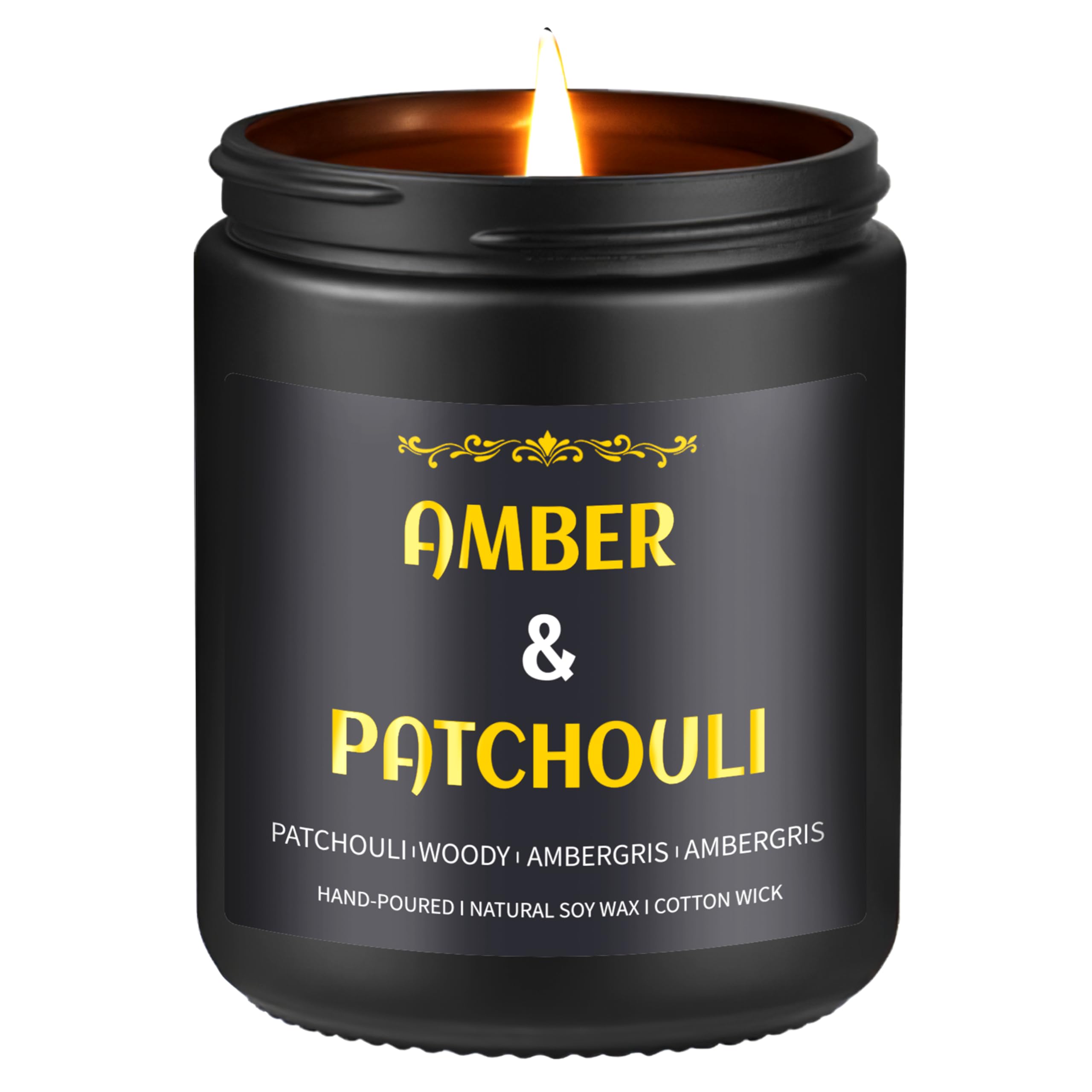 Enwhisco Amber Patchouli Candle label detail for refined luxury ambiance.
