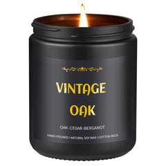 Enwhisco Vintage Oak Candle in black jar with gold embossing for refined home ambiance.