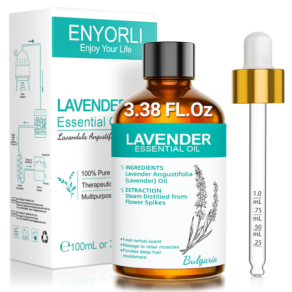 ENYORLI lavender essential oil bottle 3.38 oz designed for aromatherapy.