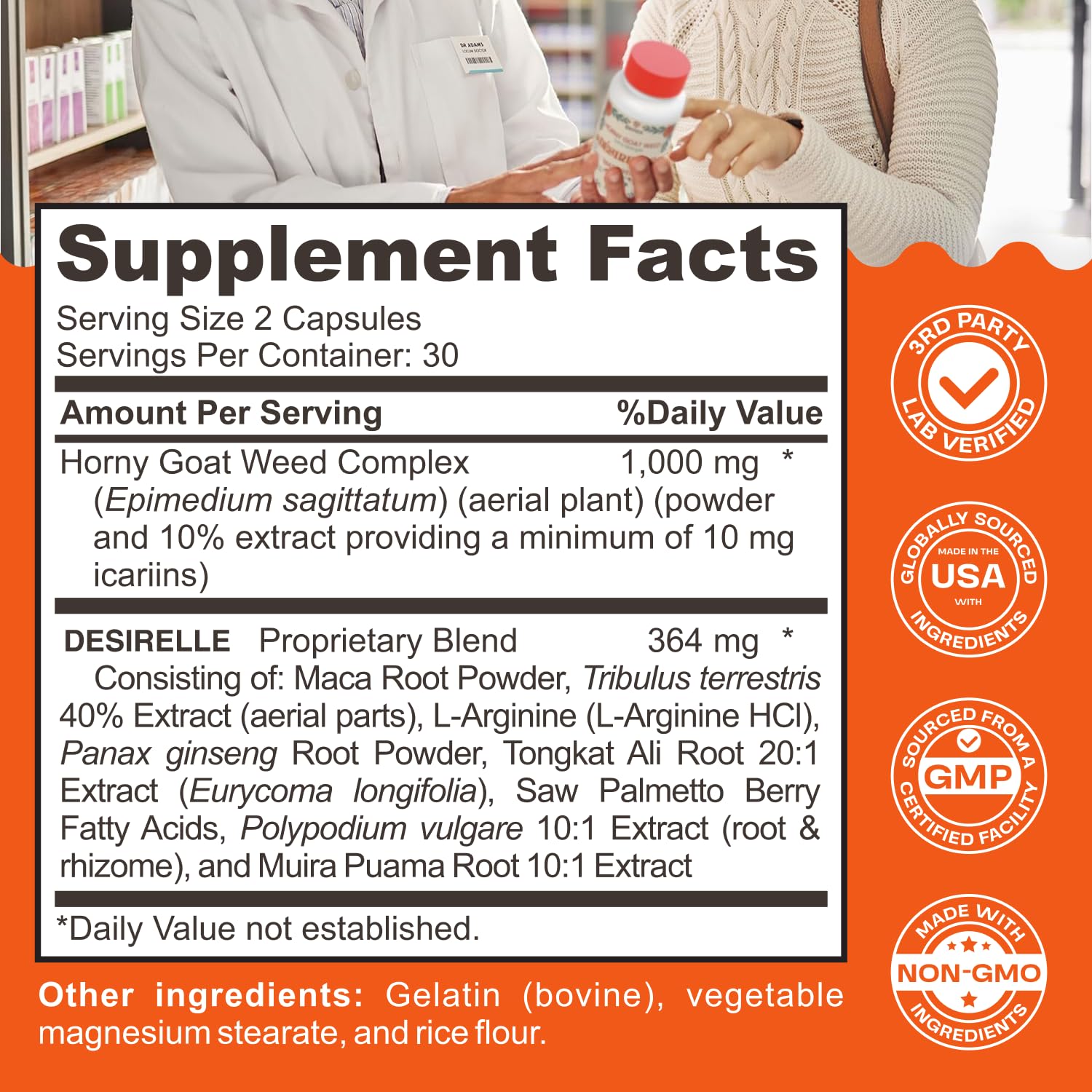 Enyvia Libido Booster bottle side shows label details and USA-made non-GMO formulation