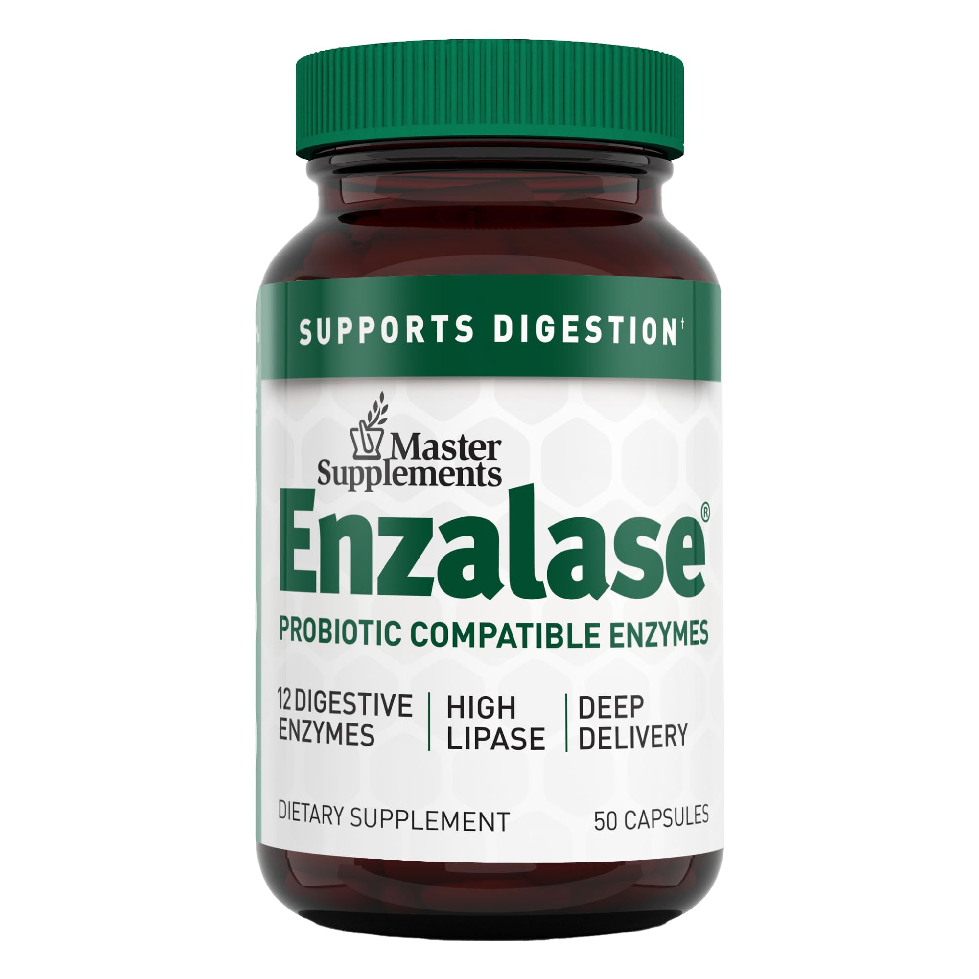 Enzalase bottle front showing probiotic-compatible enzyme blend for daily digestion