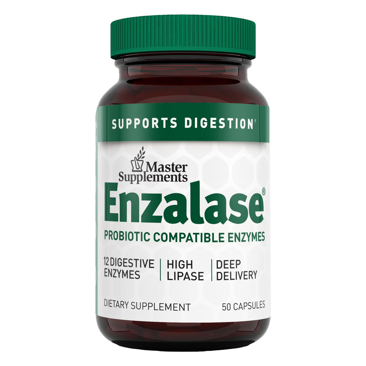 Enzalase bottle front showing probiotic-compatible enzyme blend for daily digestion