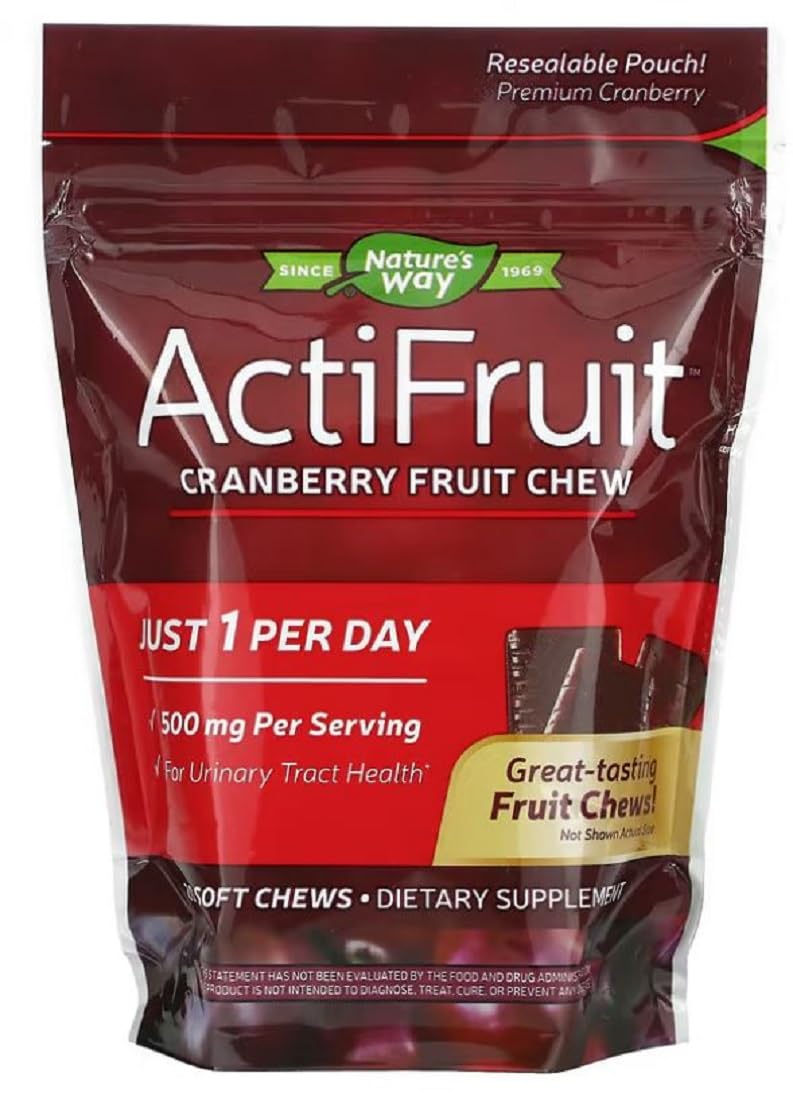 Enzymatic Therapy ActiFruit Cranberry Soft Chews bottle for daily urinary health support.