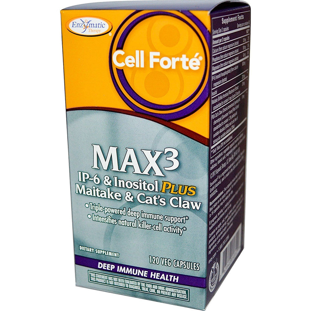 Enzymatic Therapy Cell Forté Max3 capsules support immune health and cellular balance.