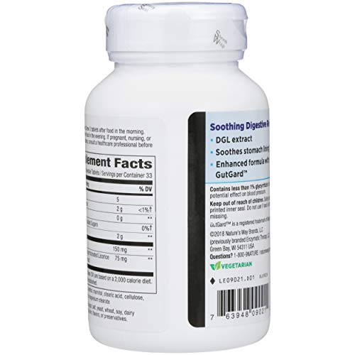 Enzymatic Therapy DGL chewable tablets closeup highlights a sugar-free formula for daily use.