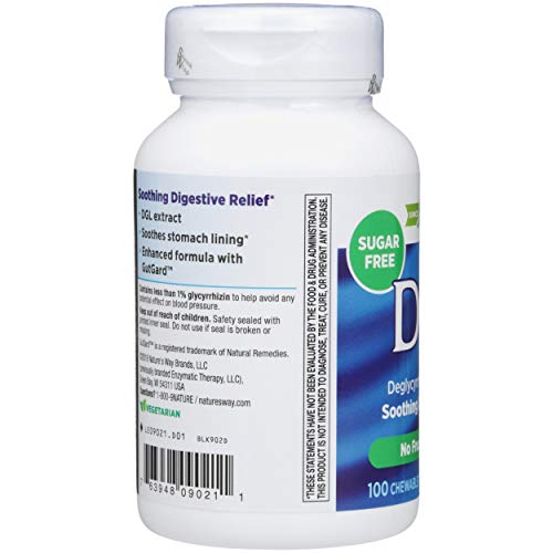 Enzymatic Therapy DGL sugar-free label communicates no sugar in each chew.