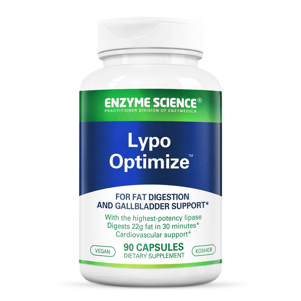 Enzyme Science Lypo Optimize bottle front with vegan capsules for fat digestion.